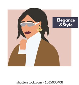 Fashion woman portrait  in warm sweater with trendy hairstyle .  Stylish earrings and glasses. Elegance and style text. Vector illustration for print, t-shirt design, poster, banner, tote bag.