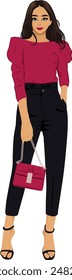 Fashion woman posing with purse wearing modern outfit full length vector illustration 