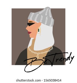 Fashion woman profile portrait  in warm sweater, trendy beanie hat and jewerly .  Stylish earrings and glasses. Be trendy text. Vector illustration for print, t-shirt design, poster, banner, tote bag.