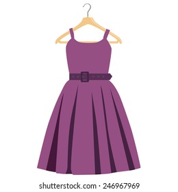 Fashion woman purple dress on wooden clothes hanger vector isolated 