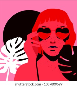 Fashion woman with red bob haircut and monstera palm leaves wearing heart-shaped sunglasses. Retrowave/ Vaporwave Zine Culture Comic Collage style, print for t-shirt, notebook, poster, cover. 