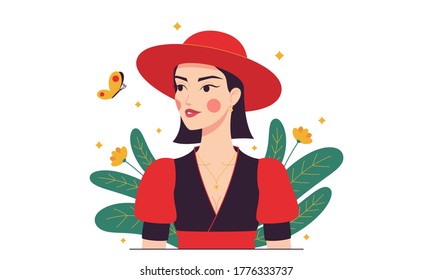 Fashion woman with red hat, minimalist style. Cartoon Lady in red with butterfly in the garden. Stylish woman character, lady, girl. Minimalist summer composition. Glamour vector illustration