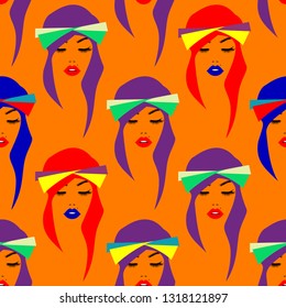 Fashion woman seamless pattern, beautiful face with colorful hairstyle in bright scarf on hairs, summer textile fabric, background, wallpaper print, beach style. Vector illustration.