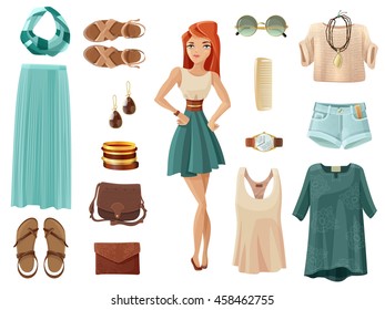 Fashion woman set of summer clothes shoes and accessory in pastel colors with girl in middle on white background cartoon isolated vector illustration