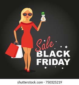 Fashion woman with shopping bags. Black Friday Sale advertising. Vector illustration