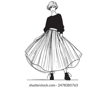 Fashion woman with short hair in wide skirt and black shirt. Sketch