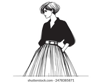 Fashion woman with short hair in wide skirt and black shirt. Sketch