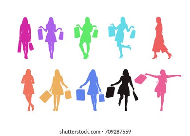 fashion woman silhouette set with bags