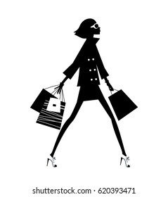 Fashion woman silhouette with shopping bags. Vector illustration.