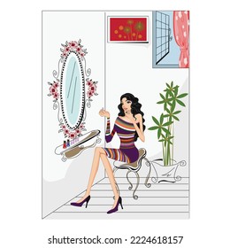 Fashion woman sitting at dressing table mirror applying her make-up