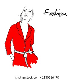 Fashion woman sketch. Beautiful young woman in red shirt, overalls. Hand drawn fashion girl. Fashion model posing. Sketch. Vector illustration. Fashion, style, youth, beauty. Graphic, sketch drawing.