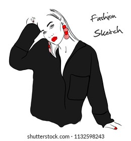 Fashion woman sketch. Beautiful young woman in oversize black shirt. Fashion woman with red lips. Cute woman wearing red stripped earrings Hand drawn fashion girl. Sketch. Vector illustration.