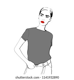 Fashion woman sketch. Hand drawn beautiful young woman in gray t shirt, jeans with red lips. Fashion model posing. Sketch. Vector illustration. Fashion, style, youth, beauty. Graphic, sketch