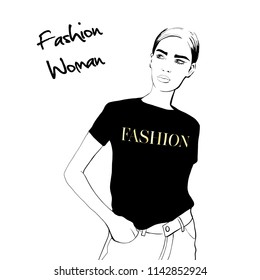 Fashion woman sketch. Hand drawn beautiful young woman in black t shirt with gold inscription fashion, jeans. Fashion model posing. Sketch. Vector illustration. Fashion, style, beauty. Graphic, sketch