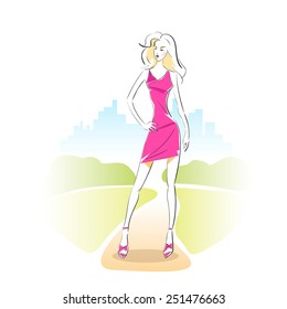 fashion woman sketch pink dress outdoor vector illustration