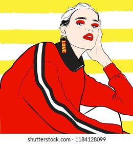 Fashion woman sketch in red hoody. Beautiful woman hand drawn face fashion sketch on yellow striped background. Fashion young girl model in sport hoodie with Red makeup. Fashion Vector illustration