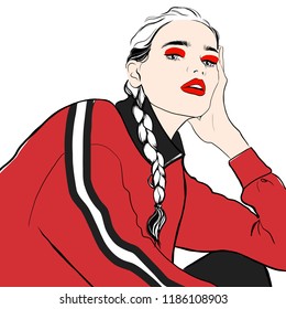 Fashion woman sketch in red hoody with pigtail hairstyle. Beautiful woman hand drawn face fashion sketch. Hand drawn fashion young girl model in sport hoodie. Sketch sporty wear Vector illustration