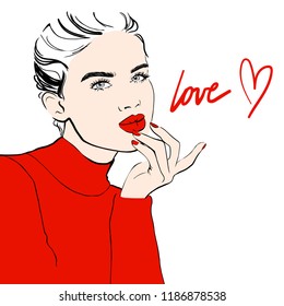Fashion woman sketch woman in red sweater and red lips sends air kiss. Woman fashion. Makeup love text with lipstick. Girls face, Stylish model. Trendy art vogue style. Sketch. Vector illustration