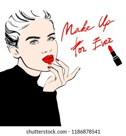 Fashion woman sketch woman in red sweater and red lips sends air kiss. Woman fashion. Make up forever text with lipstick. Girls face, Stylish model. Trendy art vogue style. Sketch. Vector illustration