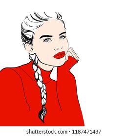 Fashion woman sketch woman in red sweater with red lips with pigtail hairstyle. Beautiful woman hand drawn face vector fashion sketch. Hand drawn young girl model posing. Sketch. Vector illustration.