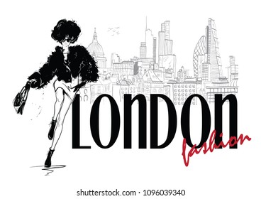 Fashion woman in sketch style in London. Vector illustration.