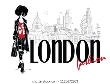 Fashion woman in sketch style in London. Vector illustration.