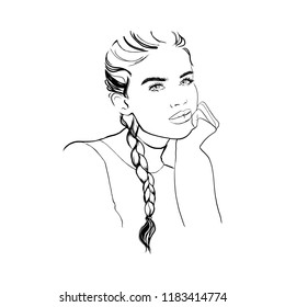 Fashion woman sketch woman in sweater with pigtail hairstyle. Beautiful woman hand drawn face vector fashion sketch. Hand drawn young girl model posing. Sketch. Vector illustration. Style, beauty