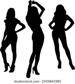 fashion woman standing stylish pose vector art silhouette, a set of group.