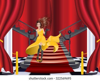 Fashion woman stands at the stairs with red carpet.
