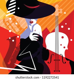 Fashion woman in style pop art on abstract musical background. Colourful jazz poster with trumpet, contrabass and saxophone