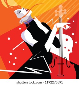 Fashion woman in style pop art on abstract musical background. Colourful jazz poster with contrabass and saxophone