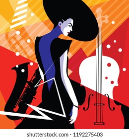 Fashion woman in style pop art on abstract musical background. Colourful jazz poster with trumpet, contrabass and saxophone