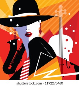 Fashion woman in style pop art on abstract musical background. Colourful jazz poster with trumpet, contrabass and saxophone