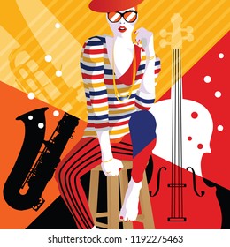 Fashion woman in style pop art on abstract musical background. Colourful jazz poster with trumpet, contrabass and saxophone