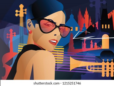 Fashion woman in style pop art in Prague. Vector illustration