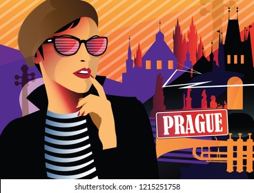 Fashion woman in style pop art in Prague. Vector illustration