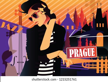 Fashion woman in style pop art in Prague. Vector illustration