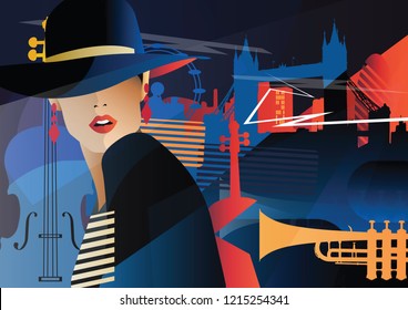 Fashion woman in style pop art in London. Vector illustration