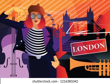 Fashion woman in style pop art in London. Vector illustration