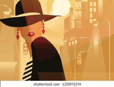 Fashion woman in style pop art in big city. Vector illustration