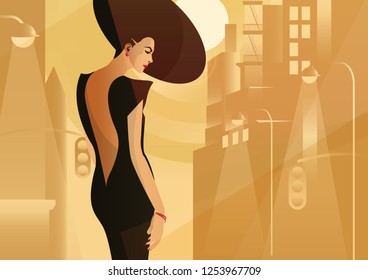 Fashion woman in style pop art in big city. Vector illustration