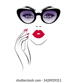 Fashion woman in stylish sunglasses,  hand wit red nails, red lips, print pattern for t-shirt, abstract wallpaper background. Beauty logo. Vector illustration. 