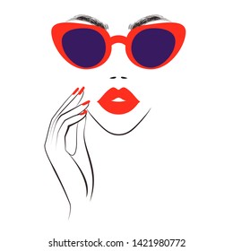 Fashion woman in stylish sunglasses,  hand wit red nails, red lips, print pattern for t-shirt, abstract wallpaper background. Beauty logo. Vector illustration. 