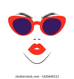 Fashion woman in stylish sunglasses, print pattern for t-shirt, abstract wallpaper background. Beauty logo. Vector illustration. 