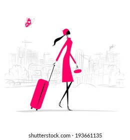 Fashion woman with suitcase, cityscape background