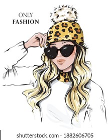 Fashion woman in sunglasses. Beautiful young woman in knitted cap with leopard print. Vector illustration.