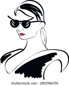 fashion woman in sunglasses and dress. hand drawn isolated character on white background