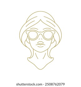 Fashion woman in sunglasses glamour portrait minimal golden line art icon vector illustration. Stylish female face in eyeglasses silhouette luxury logo insignia for stylist hairdresser beauty salon