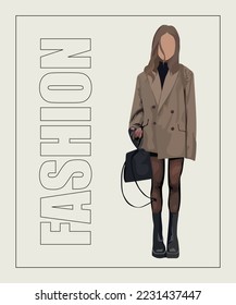 Fashion woman in sunglasses. Hand drawn stylish woman Beautiful young lady in fashion clothes. Girl on gray and stylish background with fashion inscription