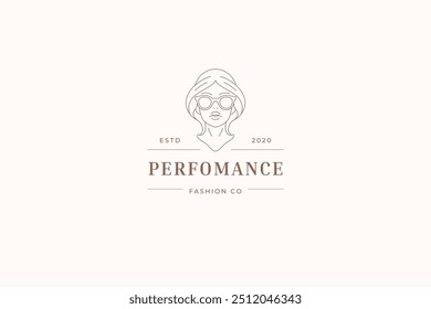 Fashion woman in sunglasses portrait minimalist line art logo design template vector illustration. Stylish female face elegant silhouette linear logotype for makeup artist stylist designer